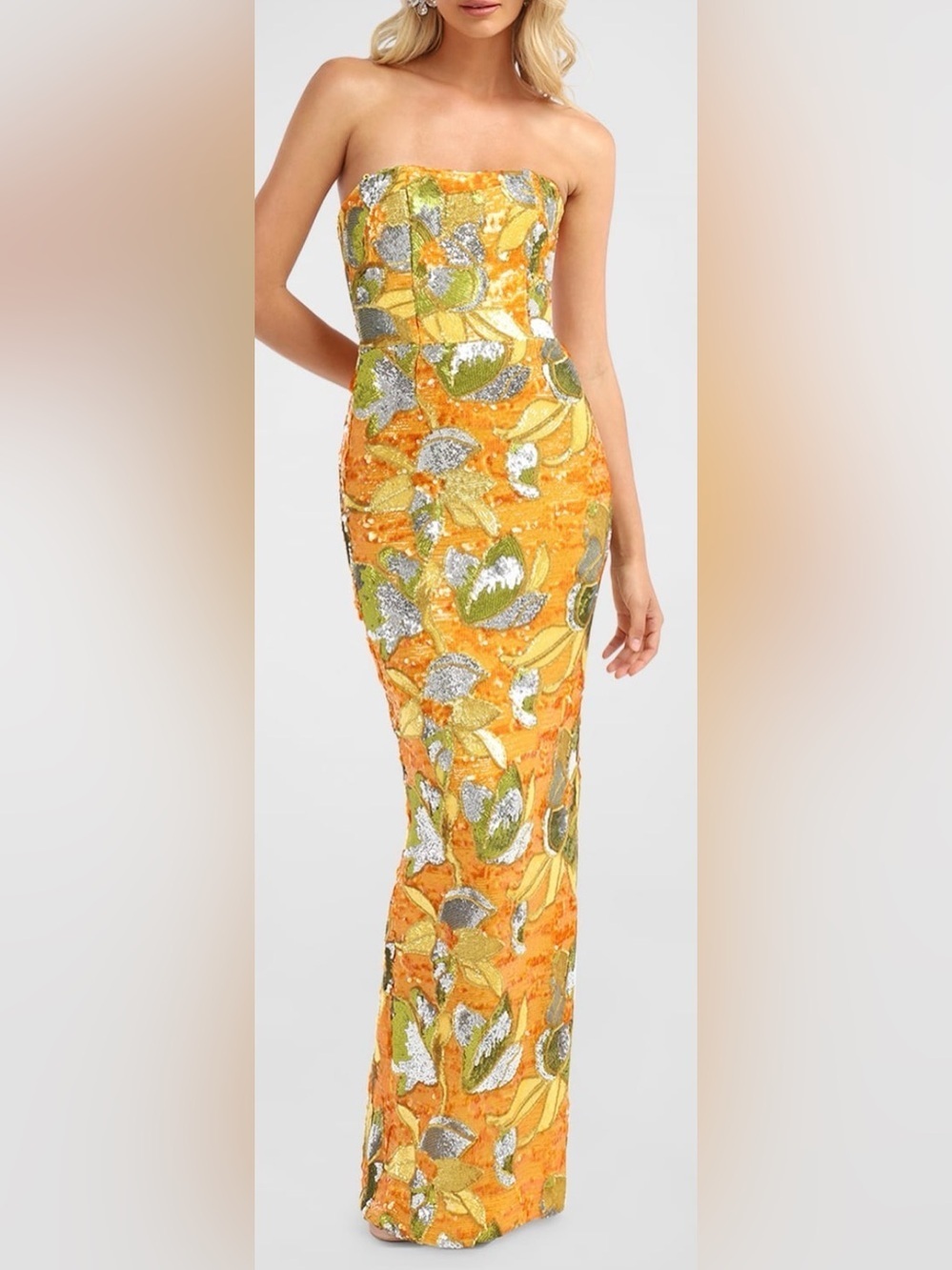 NEW HELSI Serena Strapless Floral Sequin Column marigold yellow Gown sz XS